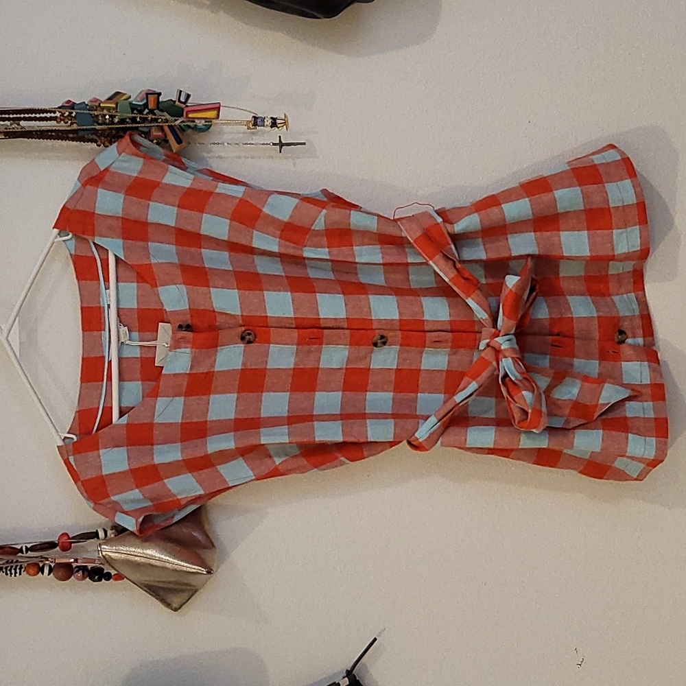 Boden checked top linen orange blue 16